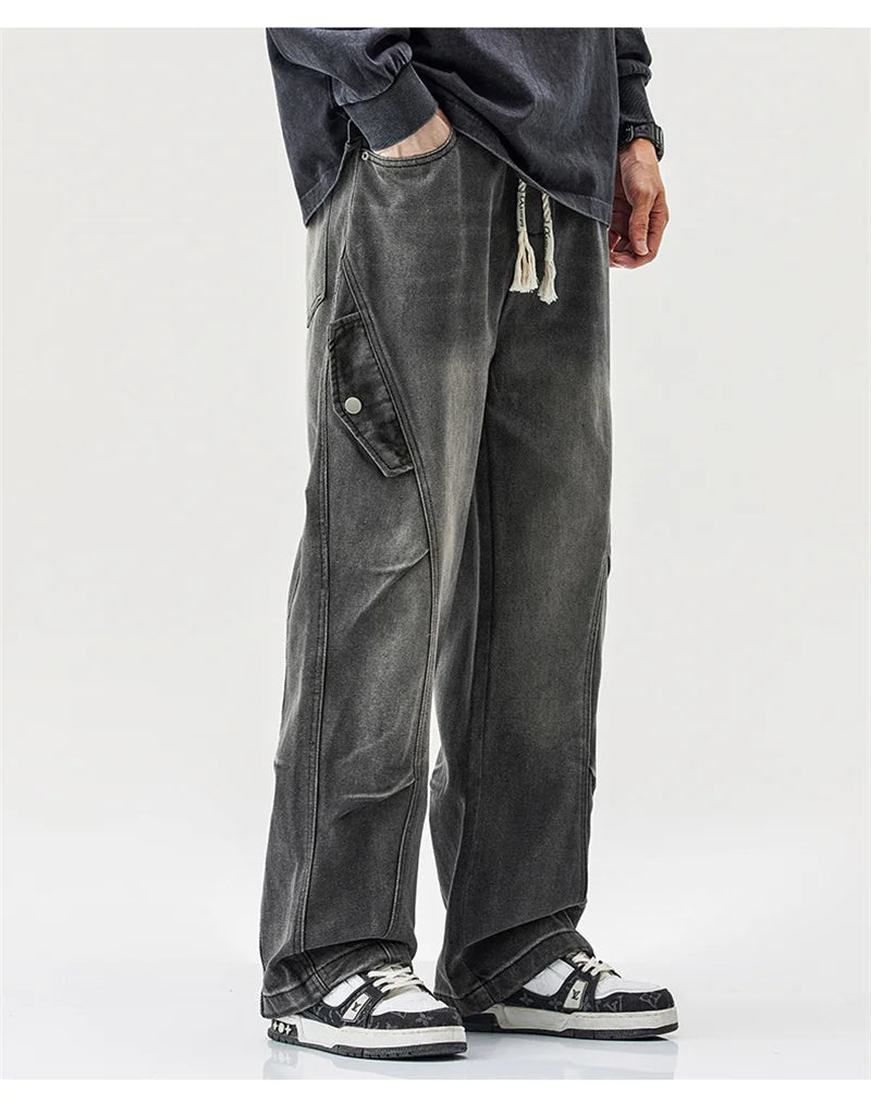 2025 new hip hop multi pockets straight jeans for men high street cargo denim pants spring y2k vintage distressed baggy jean unique cargo style 3365