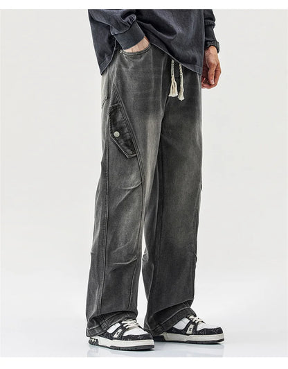 2025 new hip hop multi pockets straight jeans for men high street cargo denim pants spring y2k vintage distressed baggy jean unique cargo style 3365