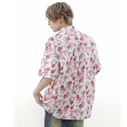 summer harajuku set mens flower print casual short sleeved top gradient straight leg jeans 2 pcs set high street trendy suit denim street jeans