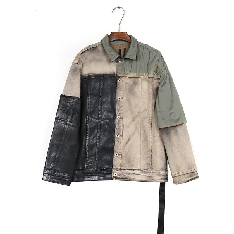 new 2023 gentleman men rick patchworked waxed deconstructed denim heavy baseball coats jackets abstract digital coat warm 719 denim street jeans