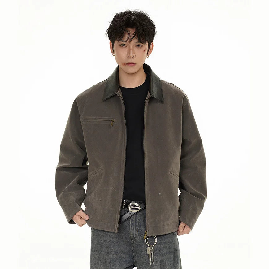 2025 american streetwear retro leather collar bomber jacket men loose casual fashion short cargo jacket spring autumn coat baggy cargo bottoms