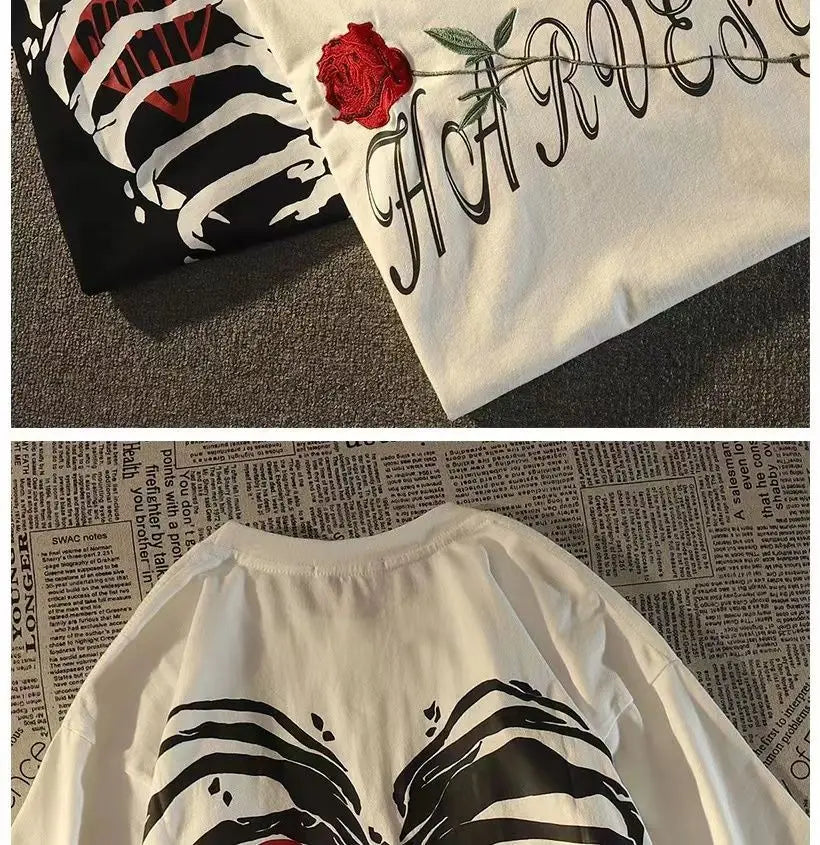 Pure cotton American retro dark skeleton short-sleeved T-shirts for men and women summer ins loose street style couple y2k tops Street King Limited