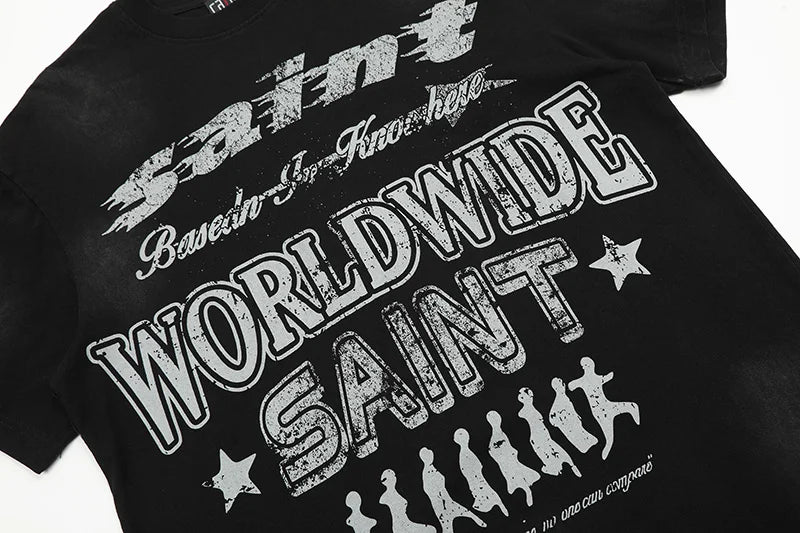 Black White Blue SAINT T-shirt Men Woman Good Quality Vintage Cartoon Pattern Printing Loose Casual Top Tees Street King Limited
