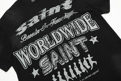 Black White Blue SAINT T-shirt Men Woman Good Quality Vintage Cartoon Pattern Printing Loose Casual Top Tees Street King Limited