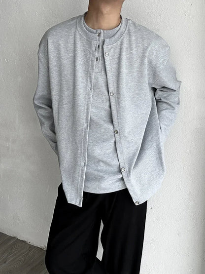 Streetwear New Casual Fake Two Piece Sweatshirts For Men Solid Color Henley Neck 2024 New Casual Fake Two Piece Sweatshirts For Men Solid Color Henley Neck Button Jackets Korean Fashion Loose Y2K Sudaderas Fashion Sweater Jacket With Graphic Design For Men