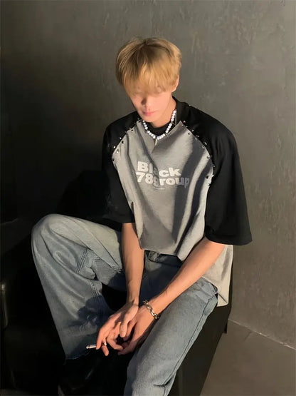 Trendy brand Korean splicing plug-in short-sleeved T-shirt men's summer design niche silver diamond design letter print y2k top Street King Limited