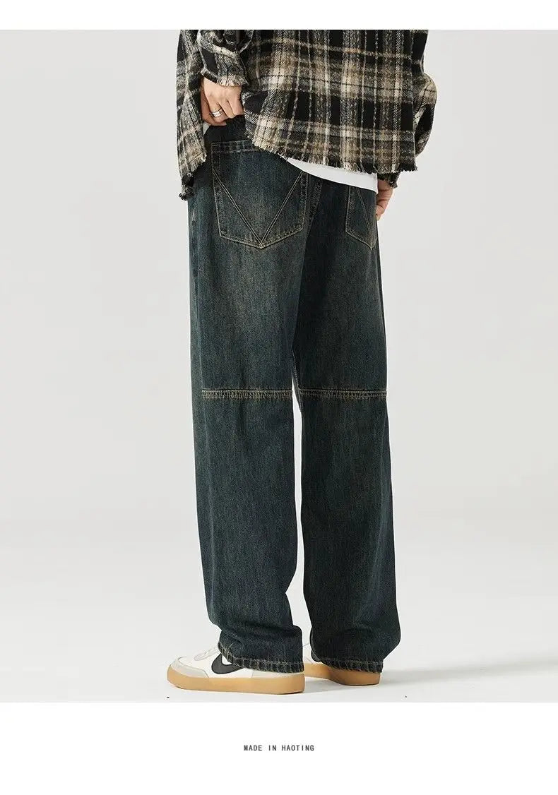 american style new retro heavy duty washed straight leg jeans for men and women simple and loose trendy wide leg casual pants unique jeans style 4678