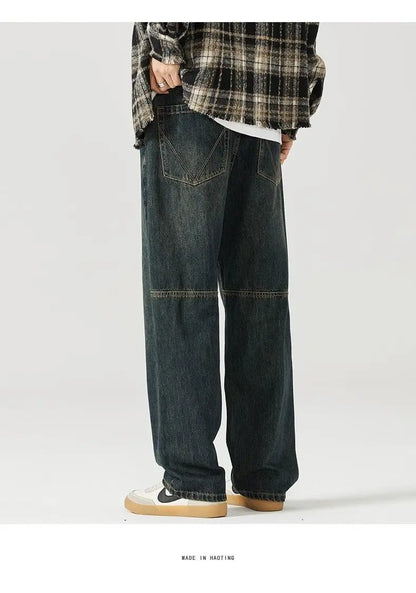 american style new retro heavy duty washed straight leg jeans for men and women simple and loose trendy wide leg casual pants unique jeans style 4678
