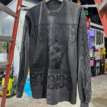 European and American Harajuku Retro Streetwear Gothic Punk Style Letter Print Long-sleeved Men Hip-hop Trend Oversized T-shirt Street King Limited