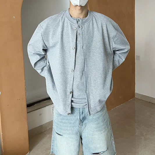 Streetwear New Casual Fake Two Piece Sweatshirts For Men Solid Color Henley Neck 2024 New Casual Fake Two Piece Sweatshirts For Men Solid Color Henley Neck Button Jackets Korean Fashion Loose Y2K Sudaderas Fashion Sweater Jacket With Graphic Design For Men