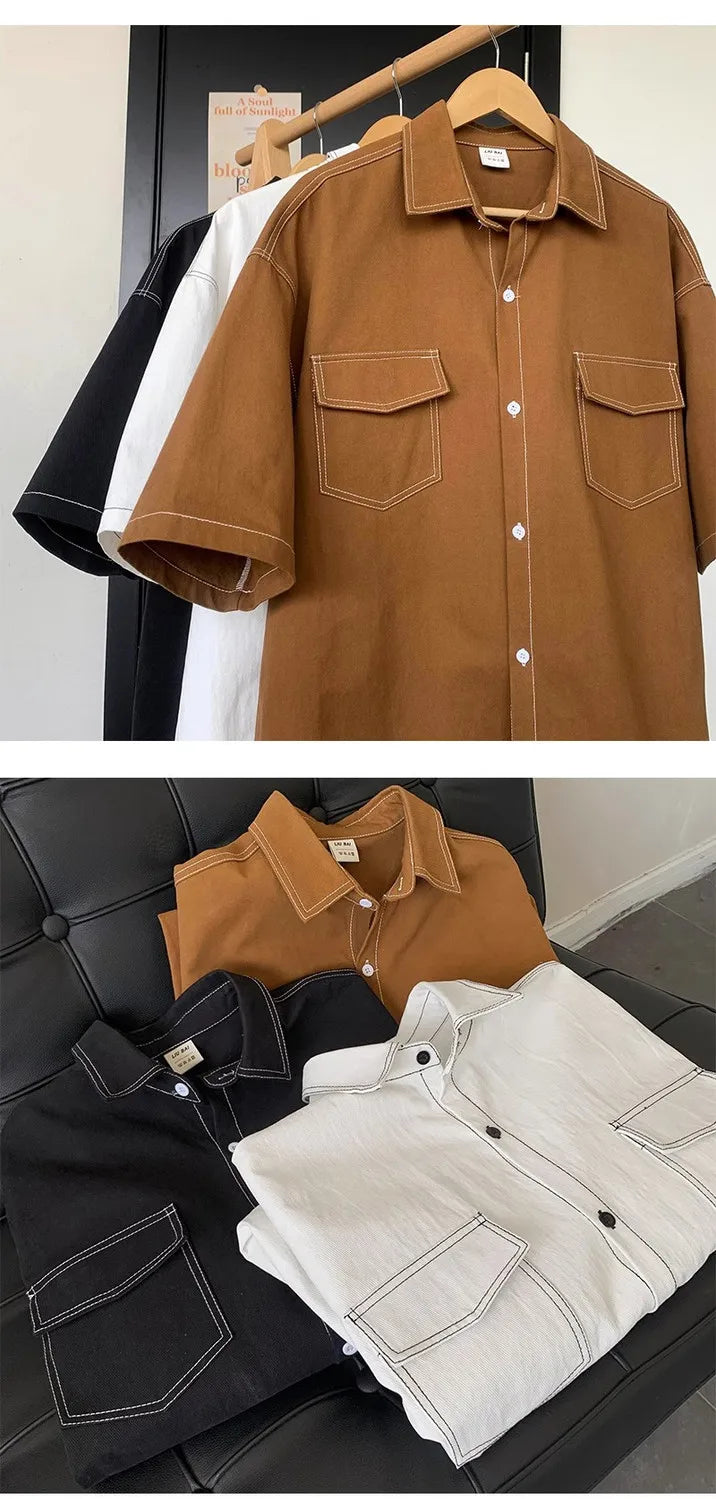 Retro trendy and personalized unisex style short sleeved men and women summer Korean street loose lapel couple work top y2k Street King Limited