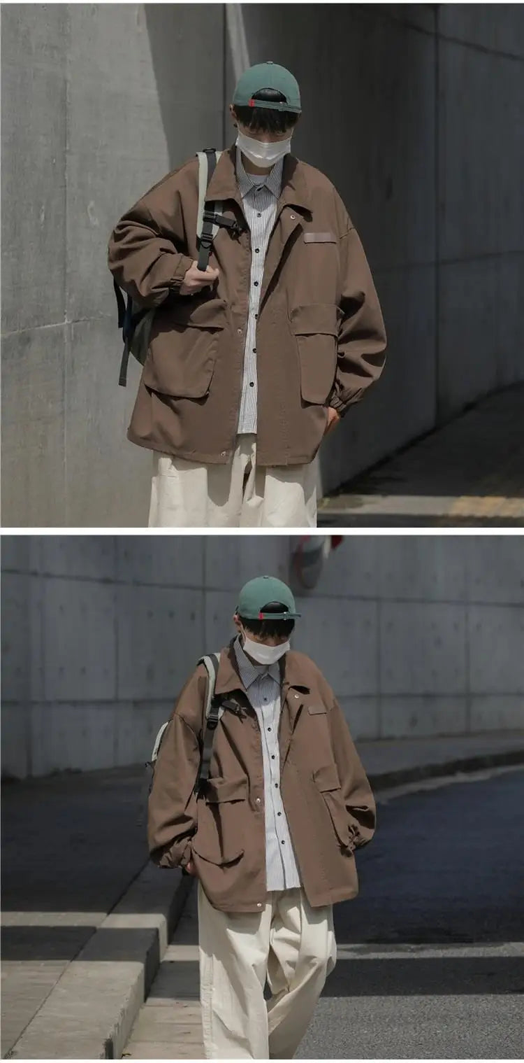 american casual cargo jacket for men autumn streetwear work zipper coat male varsity jackets loose chaquetas hombre clothes unique cargo style 1607