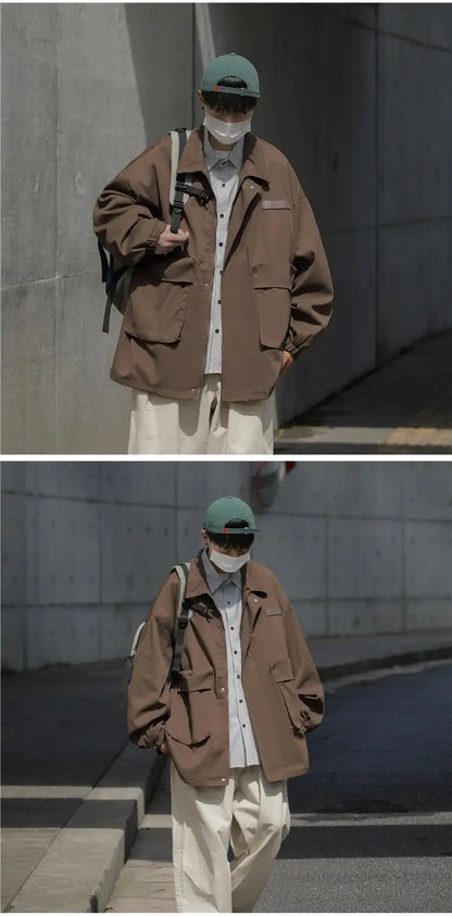 american casual cargo jacket for men autumn streetwear work zipper coat male varsity jackets loose chaquetas hombre clothes unique cargo style 1607
