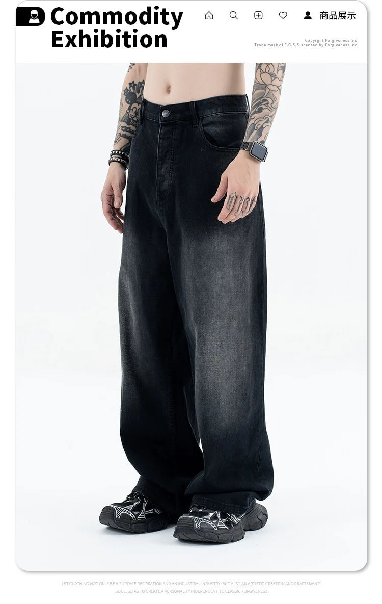 24Spring wash black ash straight tube baggy jeans Street King Limited