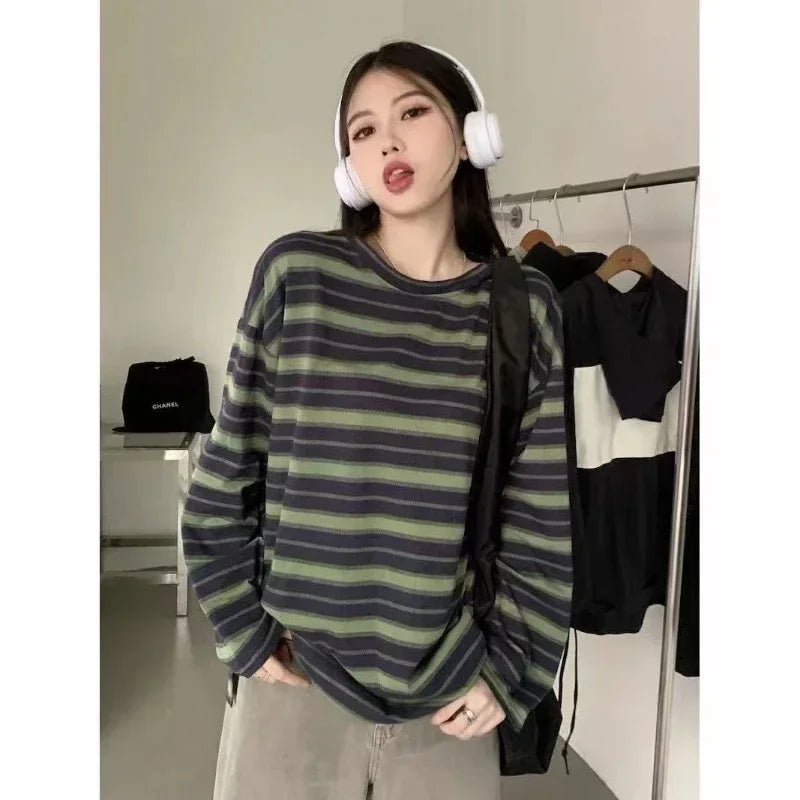 Women T shirts Striped Sweatshirt Thin tops 2024 Spring Women's Clothing Korean Fashion Couples Long Sleeve Teed y2k Pullovers Street King Limited