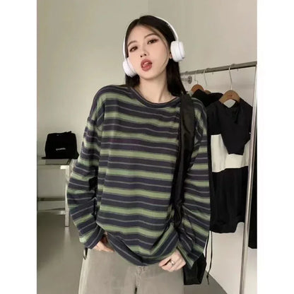Women T shirts Striped Sweatshirt Thin tops 2024 Spring Women's Clothing Korean Fashion Couples Long Sleeve Teed y2k Pullovers Street King Limited