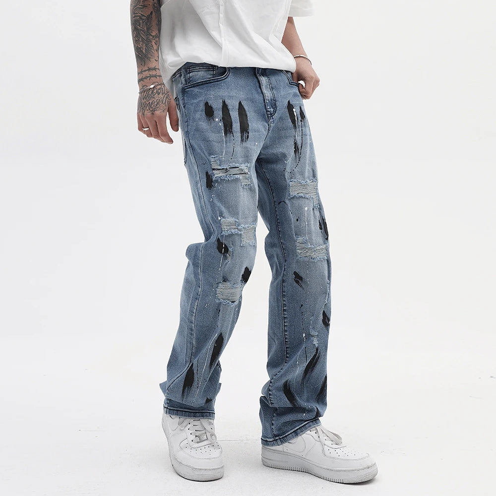mens vintage jeans 2023 new ripped holes straight denim pants streetwear hip hop harajuku jeans trousers unique jeans style 3794