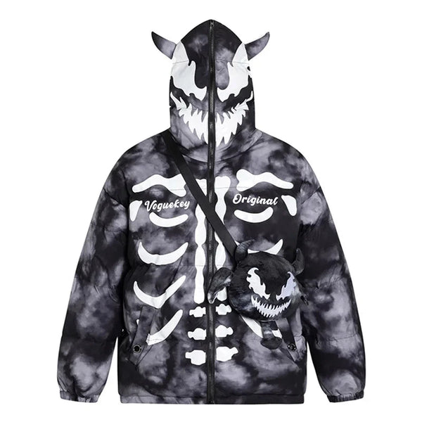 Men Hooded Parka Winter Monster Pattern Devil Horns Puffer Jacket Full Zip Up Thick Warm Outwear with Bags Design Streetwear Street King Limited