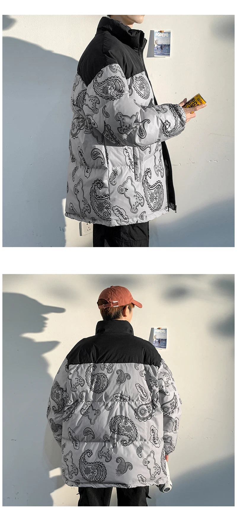Men Japanese Streetwear Puffer Jackets 2023 Winter Mens Full Print Fashions Bubble Coat Couple Patchwork Thick Parkas Street King Limited