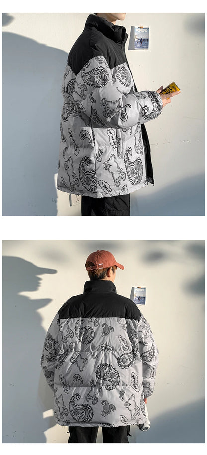 Men Japanese Streetwear Puffer Jackets 2023 Winter Mens Full Print Fashions Bubble Coat Couple Patchwork Thick Parkas Street King Limited