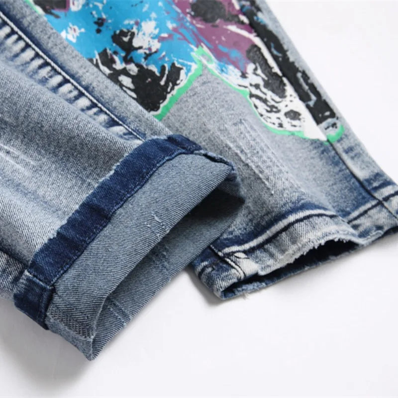 fashion skull graffiti jeans lightning printed denim pants mens distressed biker jeans streetwear slim hip hop pants joggers unique joggers style 4813