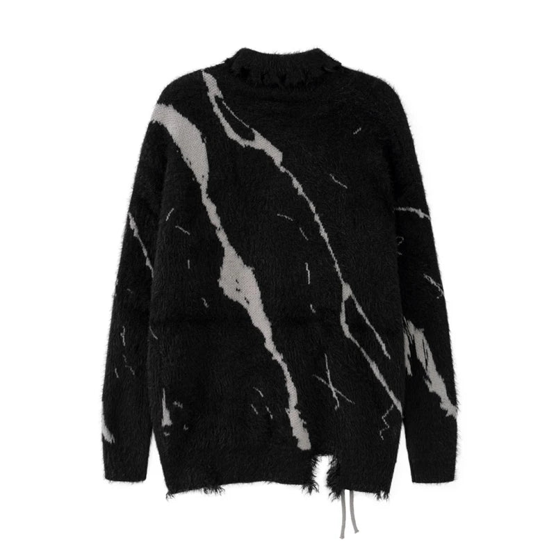 Front Lace Up Tie Dye Frayed High Neck Sweaters Men's High Street Retro Casual Oversized Unisex Woolen Clothes Knitted Sweater Street King Limited