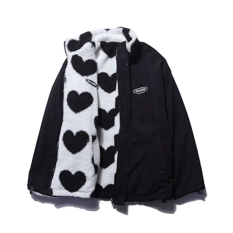 2024 autumn and winter new love lambswool cotton padded jacket double sided collar jacket couple loose jacket warm jacket y2k unique default style 4221