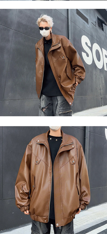 spring autumn vintage cool soft pu leather moto jacket men luxury designer clothes motorcycle trendy jacket with pockets unique default style 5961