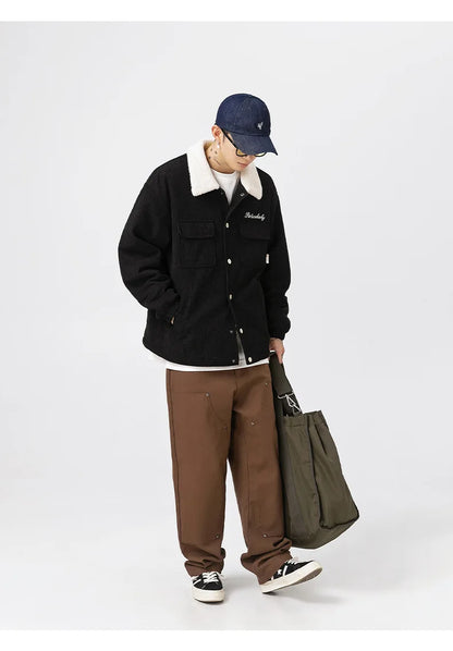 fashion men lamb fleece polo collar cotton padded coat winter embroidery loose thicken warm corduroy wadded jacket male outwear unique default style 6052