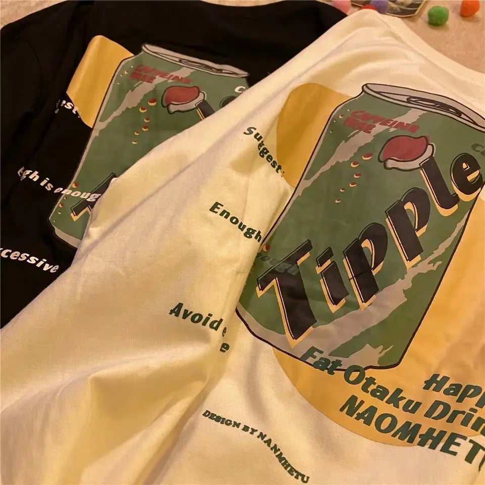 Pure cotton American style retro short-sleeved T-shirt for men and women lemonade cartoon couple wear round neck T-shirt for men Street King Limited