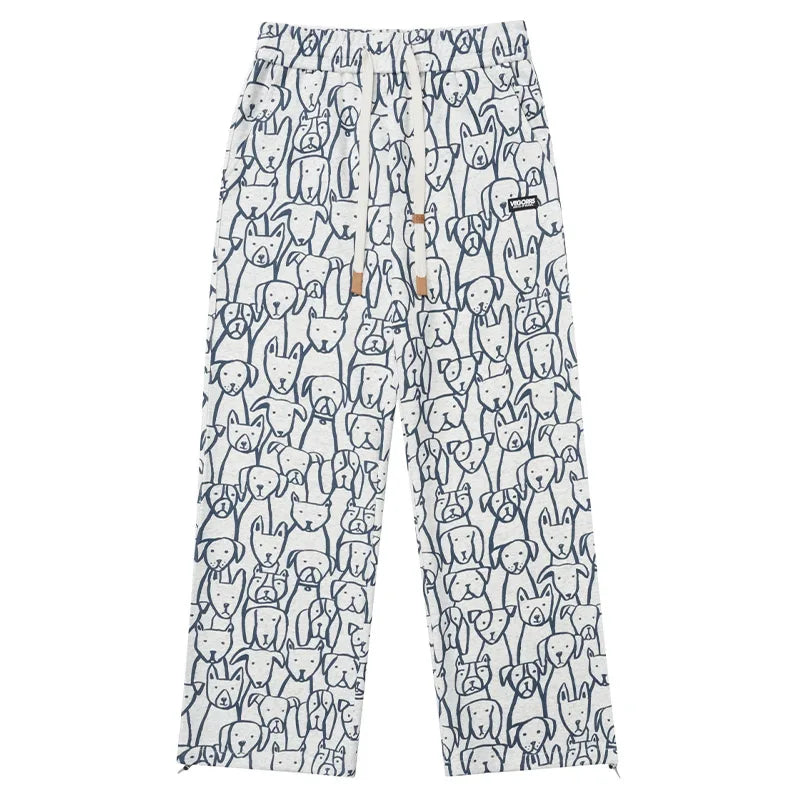 Men Sweatpants Hand-Painted Dog Printed Casual Straight Trousers Cartoon Retro American College Style Baggy Couple Pants Street King Limited