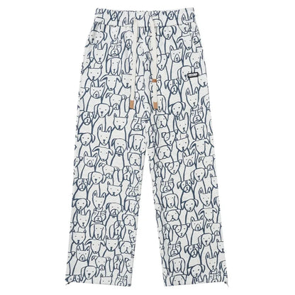 Men Sweatpants Hand-Painted Dog Printed Casual Straight Trousers Cartoon Retro American College Style Baggy Couple Pants Street King Limited