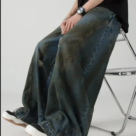 Summer High Street Hip Hop Jeans Mens Halo Dye Hole Washed Straight Denim Pants Loose Silhouette Retro Micro Flared Trousers Street King Limited