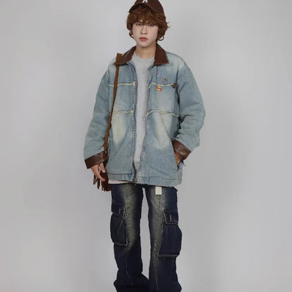 burr edge vintage mens denim jacket spring american patchwork lapel washed cowboy coats loose harajuku couple outwear new unique jeans style 2208