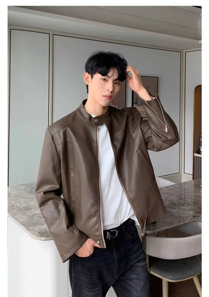 retro american street leather jacket mens autumn 2024 motorcycle standing collar trendy short coat zipper loose bomber outwear unique shorts style 2668