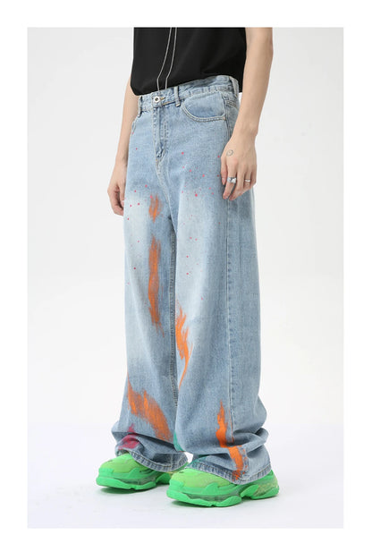 vintage graffiti baggy jeans mens streetwear hip hop loose blue denim pants hi street luxury designer jeans trousers man unique jeans style 46