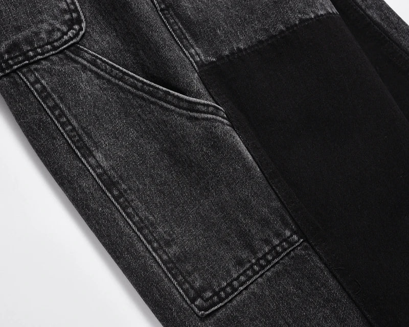 patchwork graffiti black straight denim pants mens vintage patches stitching ink splashed jeans y2k logging cargo pants for male unique cargo style 455