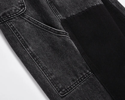 patchwork graffiti black straight denim pants mens vintage patches stitching ink splashed jeans y2k logging cargo pants for male unique cargo style 455