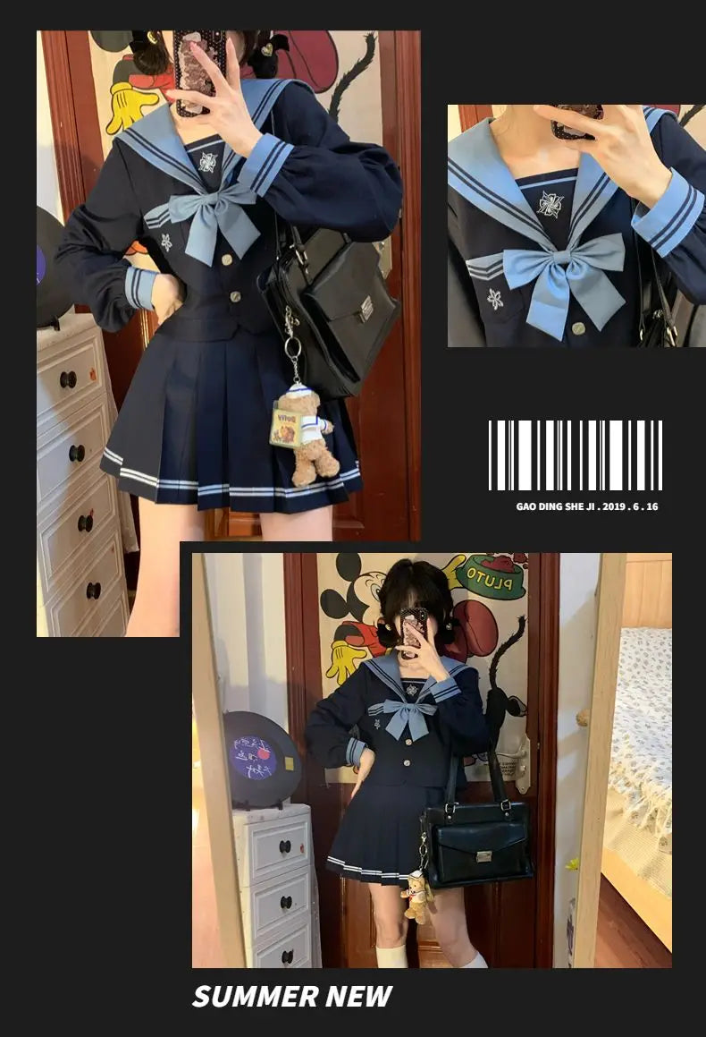 Student Union JK Uniform Sailor Suit Blue Skirt Long Sleeve Navy Collar Bow Tie Two Colors Two-piece Set Vitality Kawaii Street King Limited