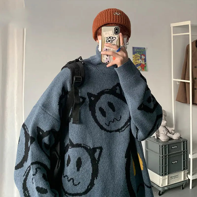 Korean literature art turtleneck sweater men autumn winter lazy style knitted sweater cartoon devil print wool clothes pullovers Street King Limited