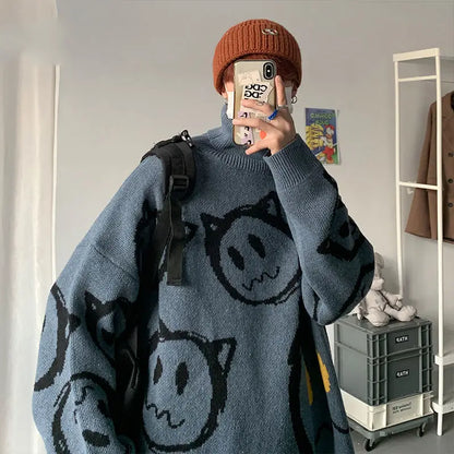 Korean literature art turtleneck sweater men autumn winter lazy style knitted sweater cartoon devil print wool clothes pullovers Street King Limited
