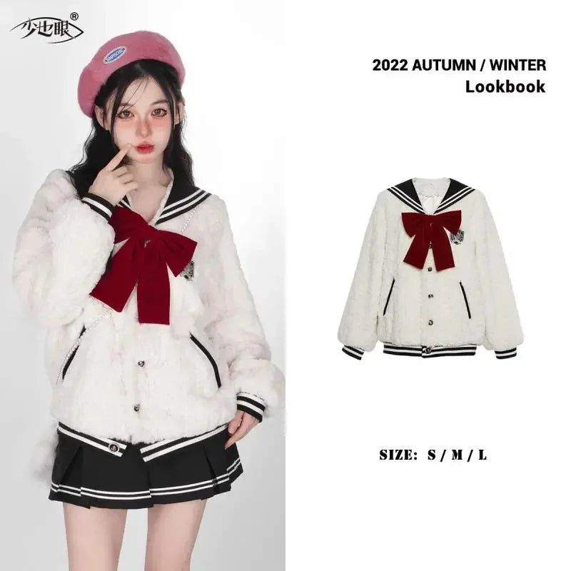 Harajuku Sweet Thicknecked Bow College Coat Woman Zip Up Hoodie Sailor Suit Plush Hoodies Women 2023 Streetwear Goth Y2k Clothes Street King Limited