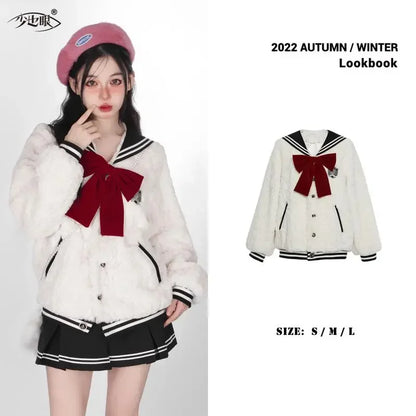 Harajuku Sweet Thicknecked Bow College Coat Woman Zip Up Hoodie Sailor Suit Plush Hoodies Women 2023 Streetwear Goth Y2k Clothes Street King Limited