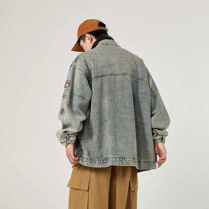 high street vintage washed denim jacket men american style embroidery label stand collar ruffian handsome motorcycle jeans coats vintage washed jeans