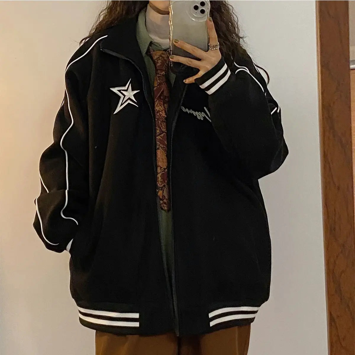 Autumn and winter new Korean star stand collar jacket y2k vintage loose embroidery plush thickened sportswear clothes women Street King Limited