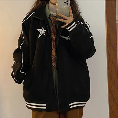 Autumn and winter new Korean star stand collar jacket y2k vintage loose embroidery plush thickened sportswear clothes women Street King Limited