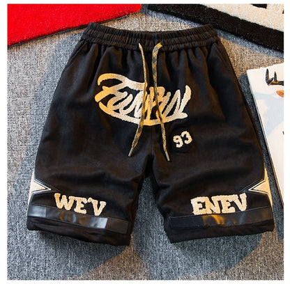 Suede Shorts Men 2024 Summer Men's High Street Letter Print Loose Five-point Pants Straight Simple fashion American basketball s Street King Limited