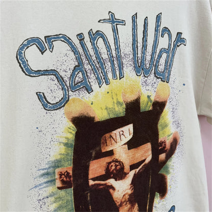 24SS New Vintage Retro Cross Printing Washed Distressed Short Sleeves T-Shirt Tops Street King Limited