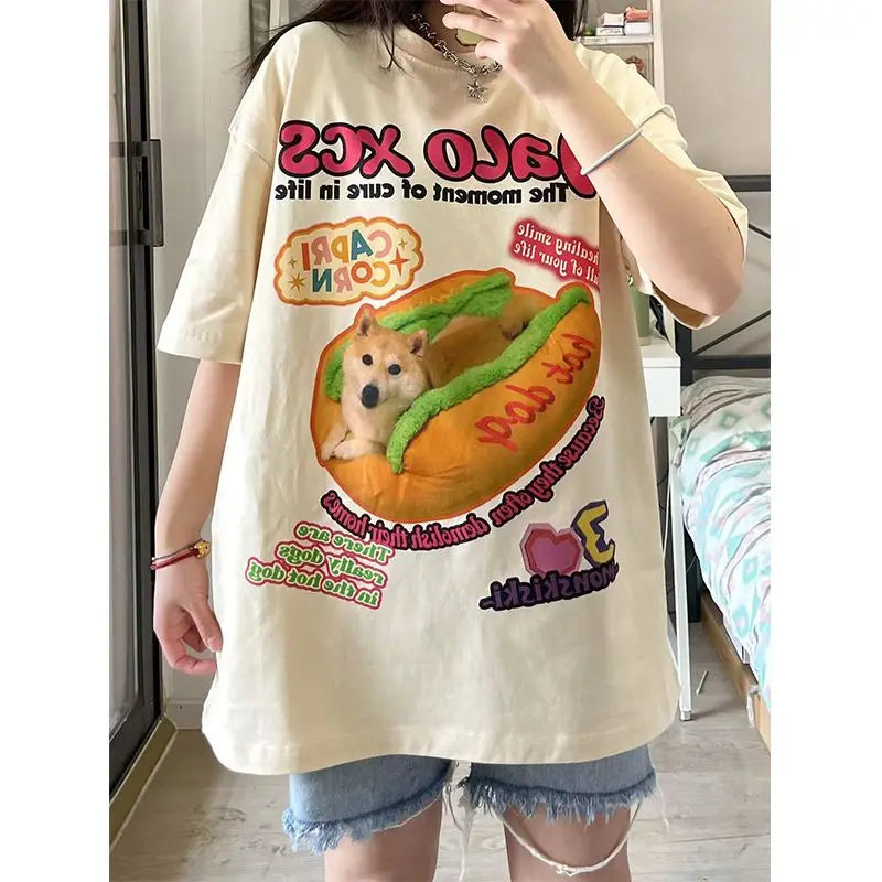 New Apricot American Vintage Creative Animal Hot Dog Cartoon T Shirts Hip Hop Street Oversized Y2K Tops Cotton Loose Summer Tee Street King Limited