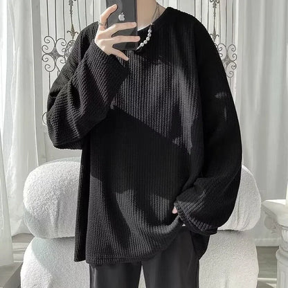 Autumn Men's V-neck Long Sleeve T-shirts New Solid Color Jacquard Waffle Pullover Tops High Street Fashion Breathable Tee Shirts Street King Limited